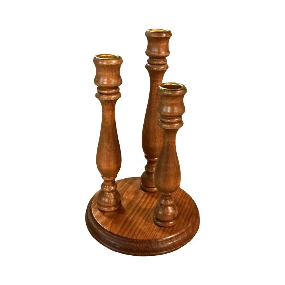Vintage Wooden Triple Taper Candle Holder Tiered Spindle Candelabra 11 Inch
